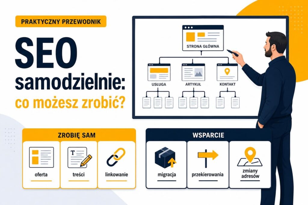 Właściciel małej firmy porządkuje mapę strony i rozdziela zadania SEO na samodzielne oraz wymagające wsparcia.