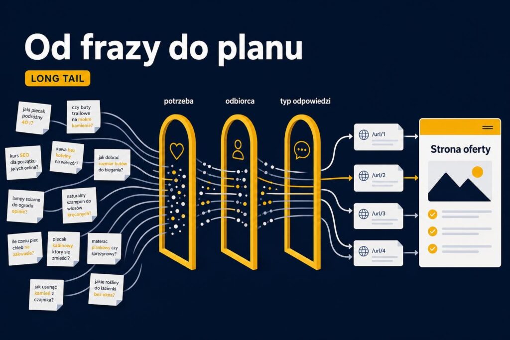 Ilustracja porządkująca frazy long tail według potrzeby, odbiorcy i typu odpowiedzi w spójny plan treści.