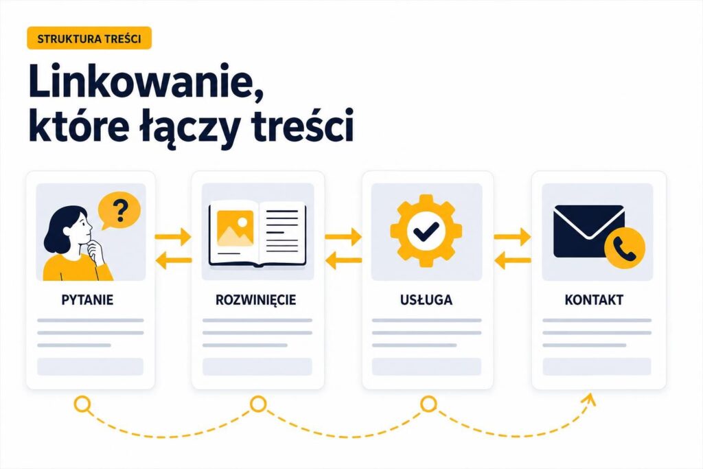 Karty artykułów połączone strzałkami w logiczną ścieżkę od pytania czytelnika do rozwinięcia tematu i dalszego działania.