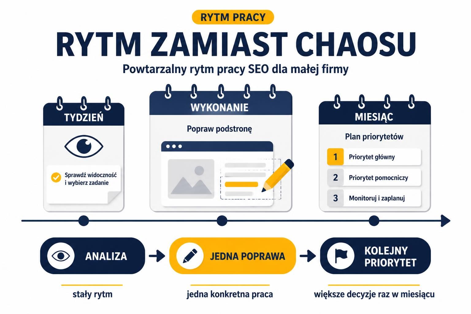 Infografika pokazująca tygodniowy blok analizy, jedną poprawę i miesięczne planowanie priorytetów SEO.