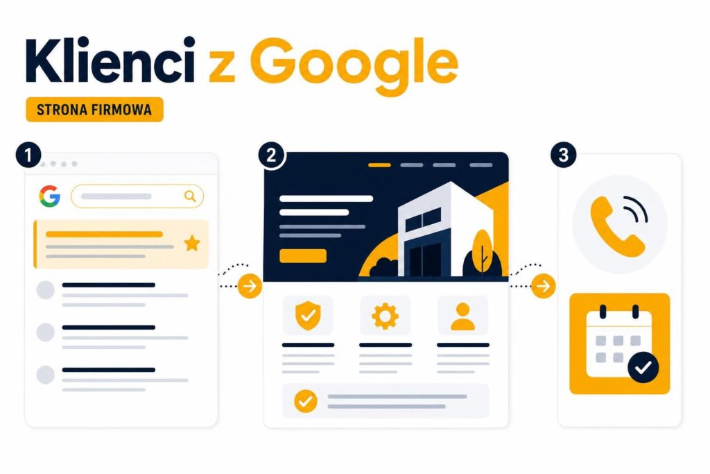 Ilustracja pokazująca drogę od wyszukiwania w Google przez stronę usługi do kontaktu z firmą.