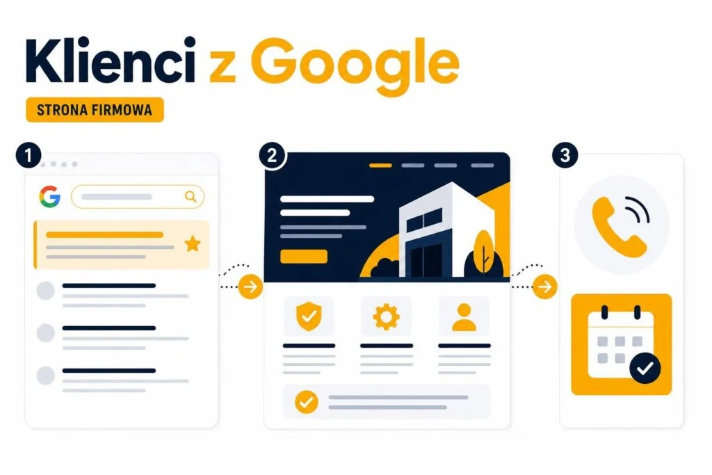 Ilustracja pokazująca drogę od wyszukiwania w Google przez stronę usługi do kontaktu z firmą.